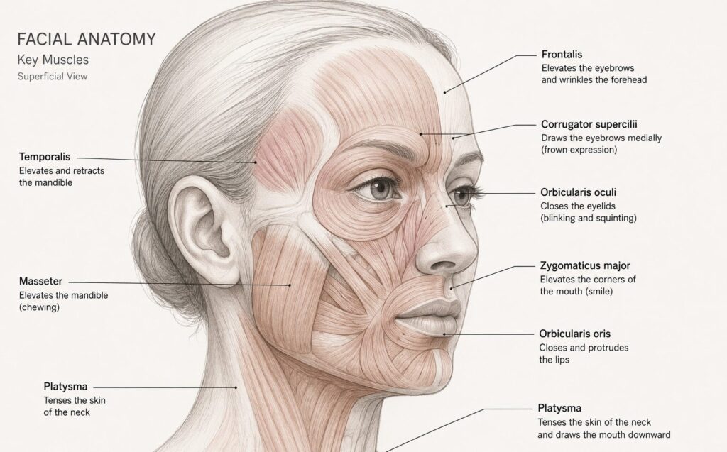 Simple Facial Anatomy Illustration Showing Key Facial Muscles Relevant to BTX Treatment