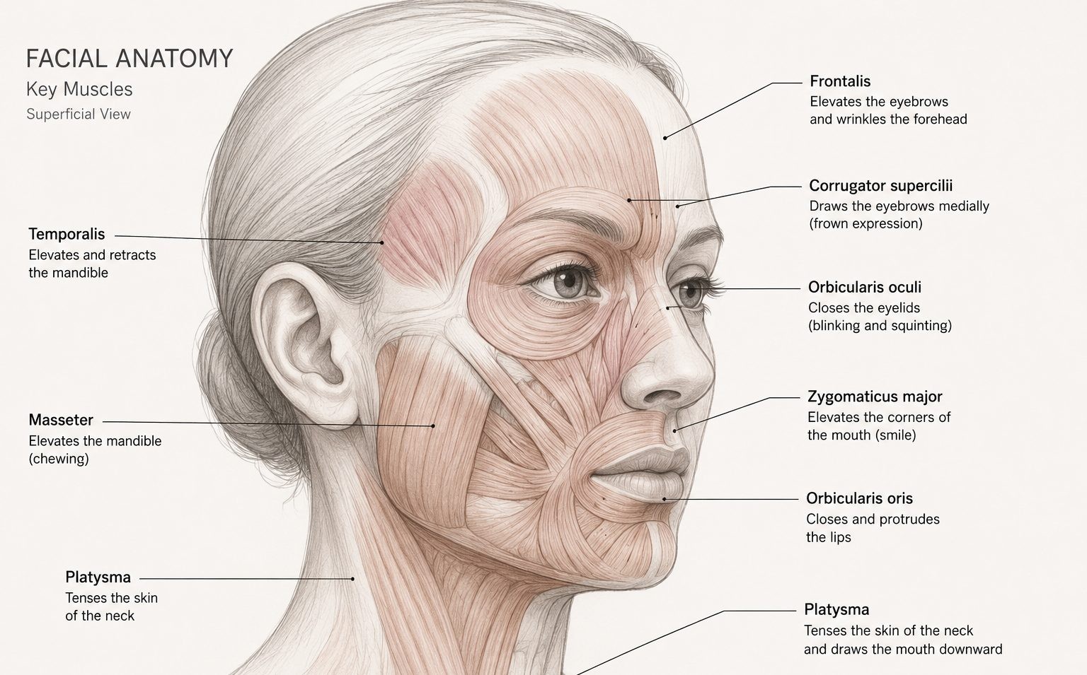 Simple Facial Anatomy Illustration Showing Key Facial Muscles Relevant to BTX Treatment